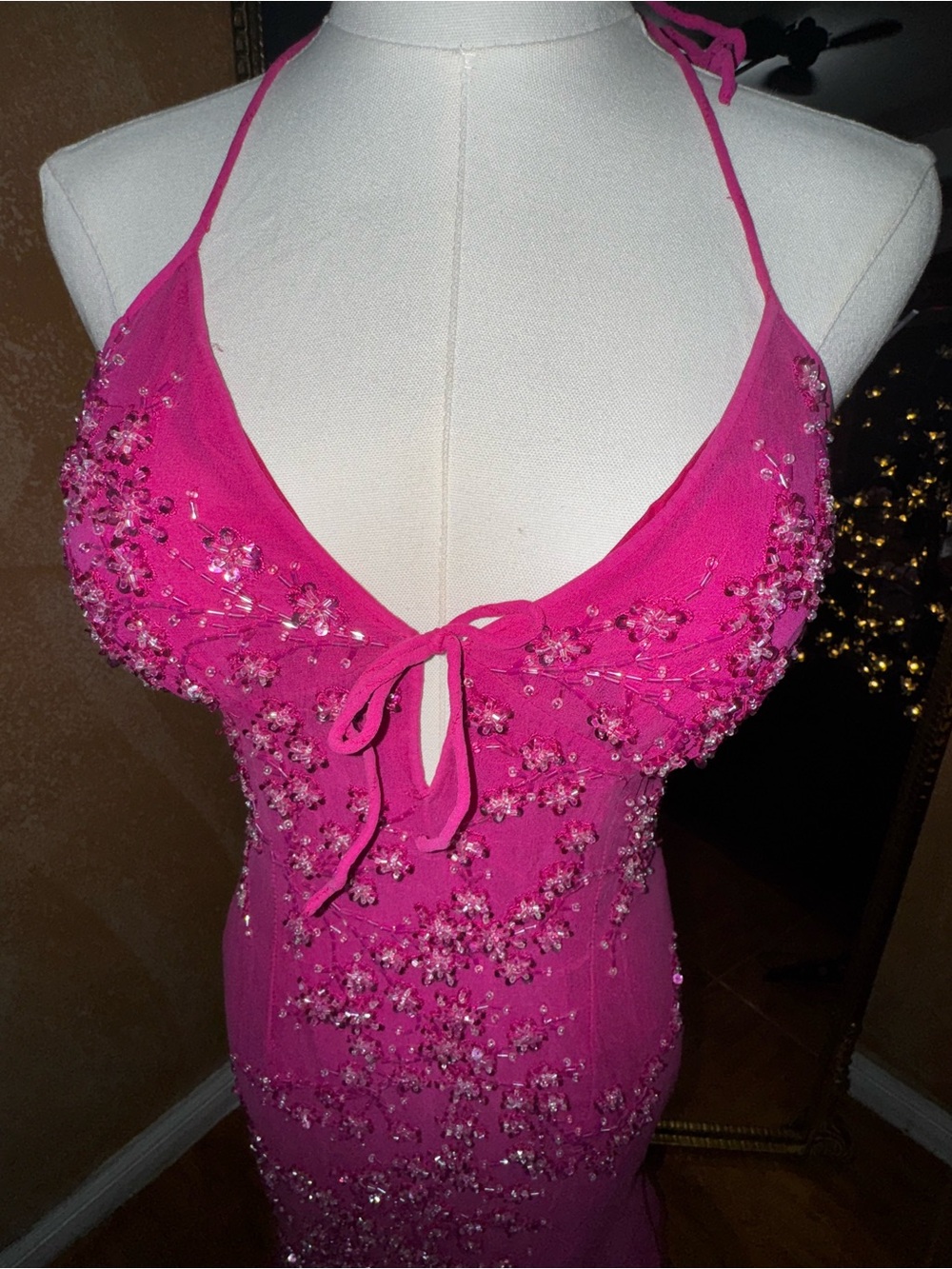 Vintage Sean Express Y2K fuchsi 100% silk, beaded halter evening gown XD - Picture 3 of 8